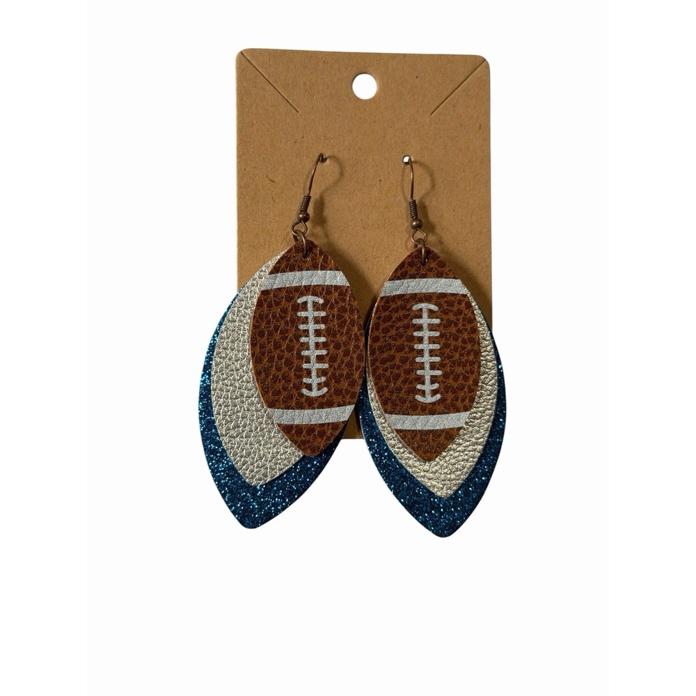 Faux Leather Football Earrings Navy Blue Glitter Silver Metallic Game Day Dangle